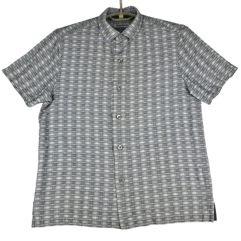 Tommy Bahama Button Down Shirt Mens M Grey Textured Grid‎ 100% Silk Short Sleeve